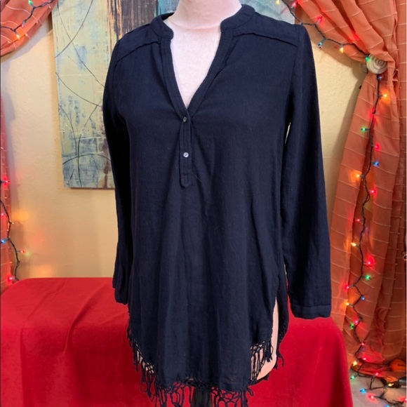 🔵 Calypso St. Barth 100% cotton tunic top Navy Blue, fringe hem S/M - Picture 2 of 12